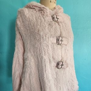 GUESS One Size Pink Rabbit Fur Poncho with Hoodie